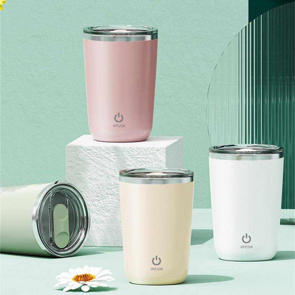 Automatic Self-Stirring Mug 350ml – Electric Stainless Steel Coffee Cup in pastel colors on minimalist display.