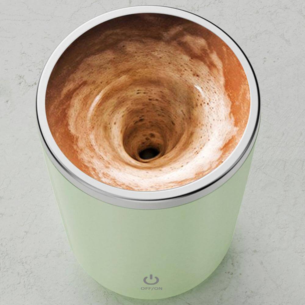 Automatic Self-Stirring Mug 350ml – Electric Stainless Steel Coffee Cup with swirling coffee mixture.