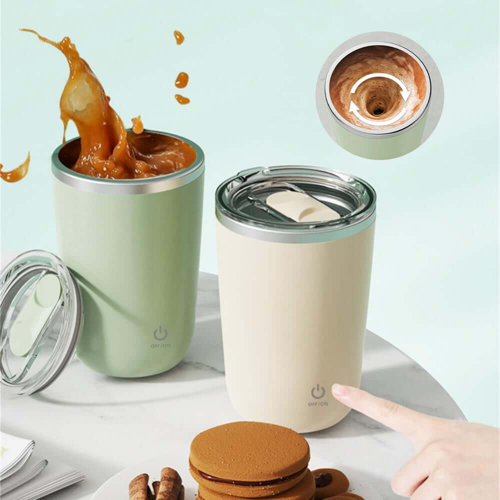 Automatic Self-Stirring Mug 350ml – Electric Stainless Steel Coffee Cup with caramel and cookies.