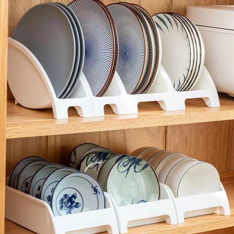 Multifunctional kitchen tableware rack displaying neatly arranged plates on wooden shelves.