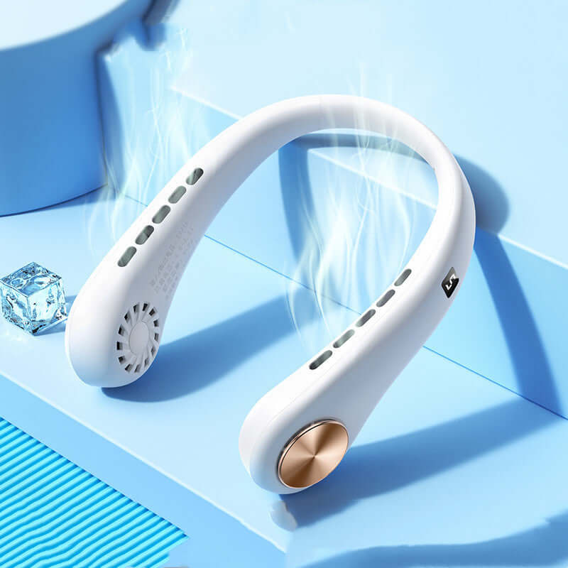 Portable bladeless neck fan in white with a modern design and cooling air outlet.