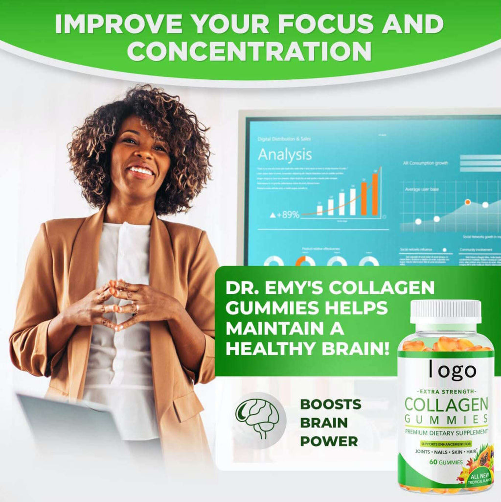woman smiling next to a chart with Dr. Emy's Collagen Soft Sweets gummies promoting brain power and focus.