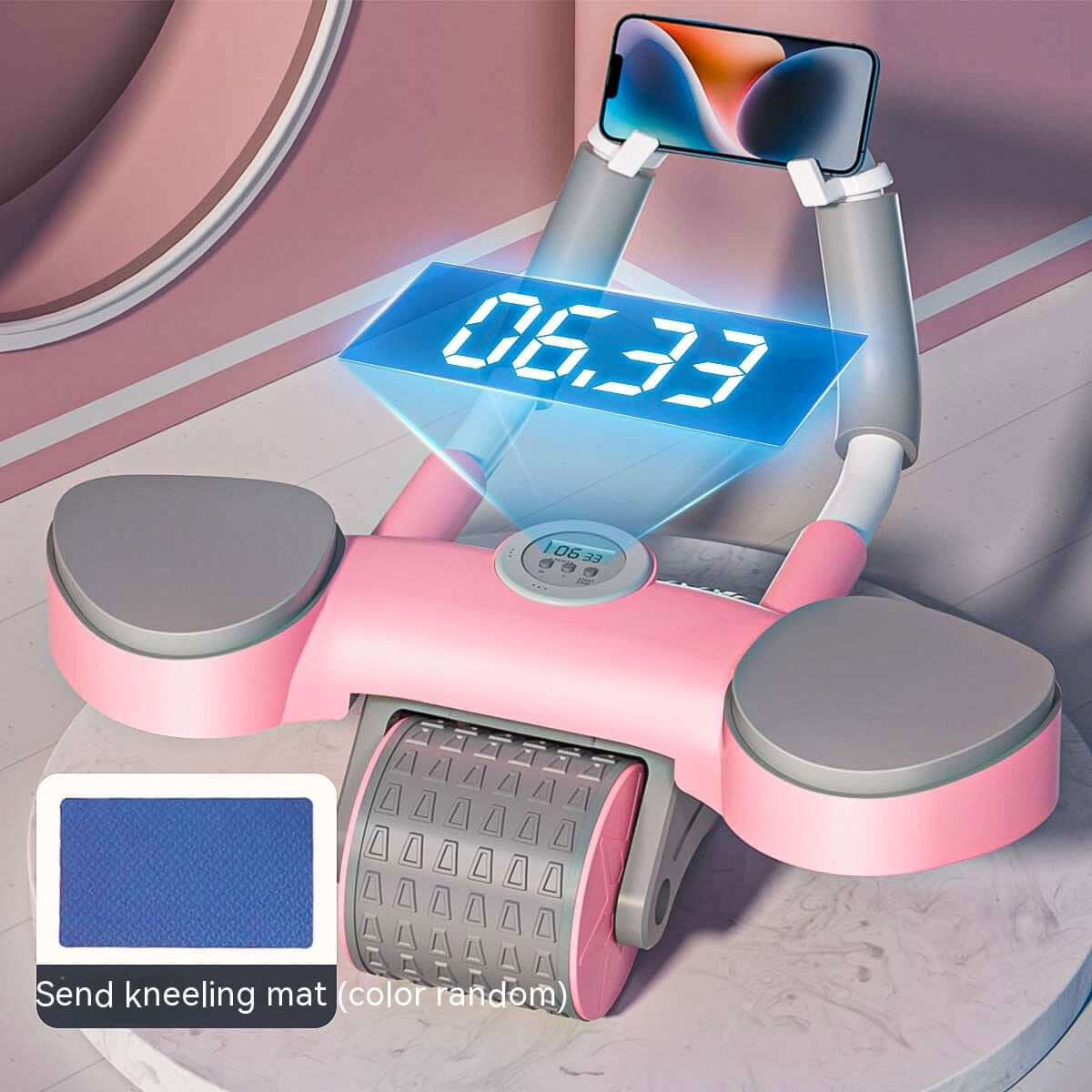 Abdominal Wheel Automatic Rebound Fitness Equipment Health Household with digital monitor and kneeling mat in pink.