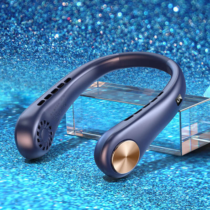 Portable bladeless neck fan in blue color on a sparkling background, showcasing its innovative hands-free design.