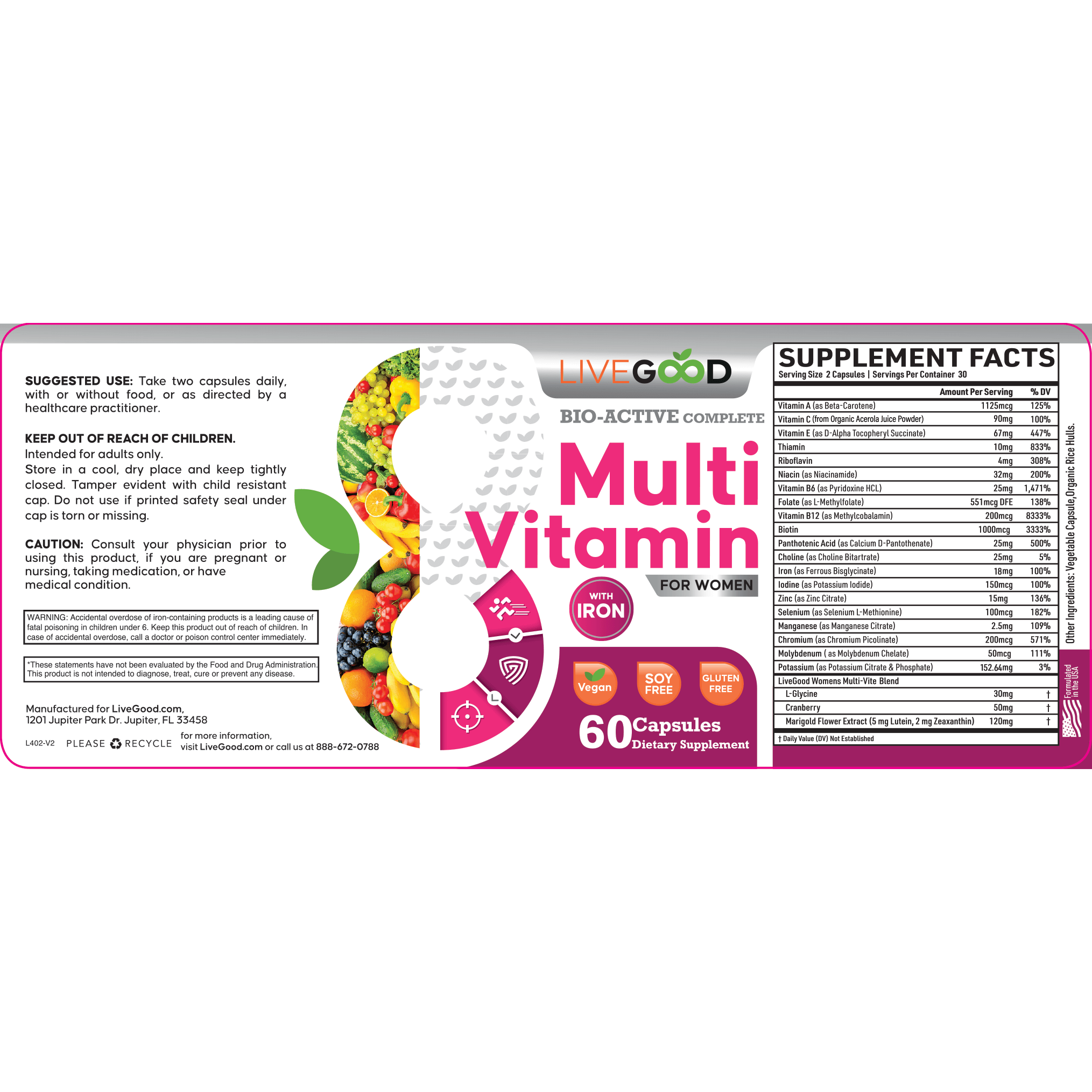 BIO-ACTIVE COMPLETE MULTI-VITAMIN FOR WOMEN WITH IRON - 60 Capsules dietary supplement for women's health.