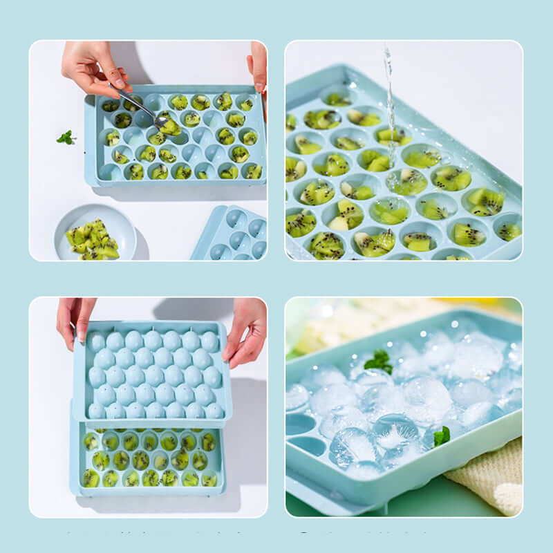 3D round ice cube mold for drinks making ice in a tray with fruit, easy ice removal and water pouring.