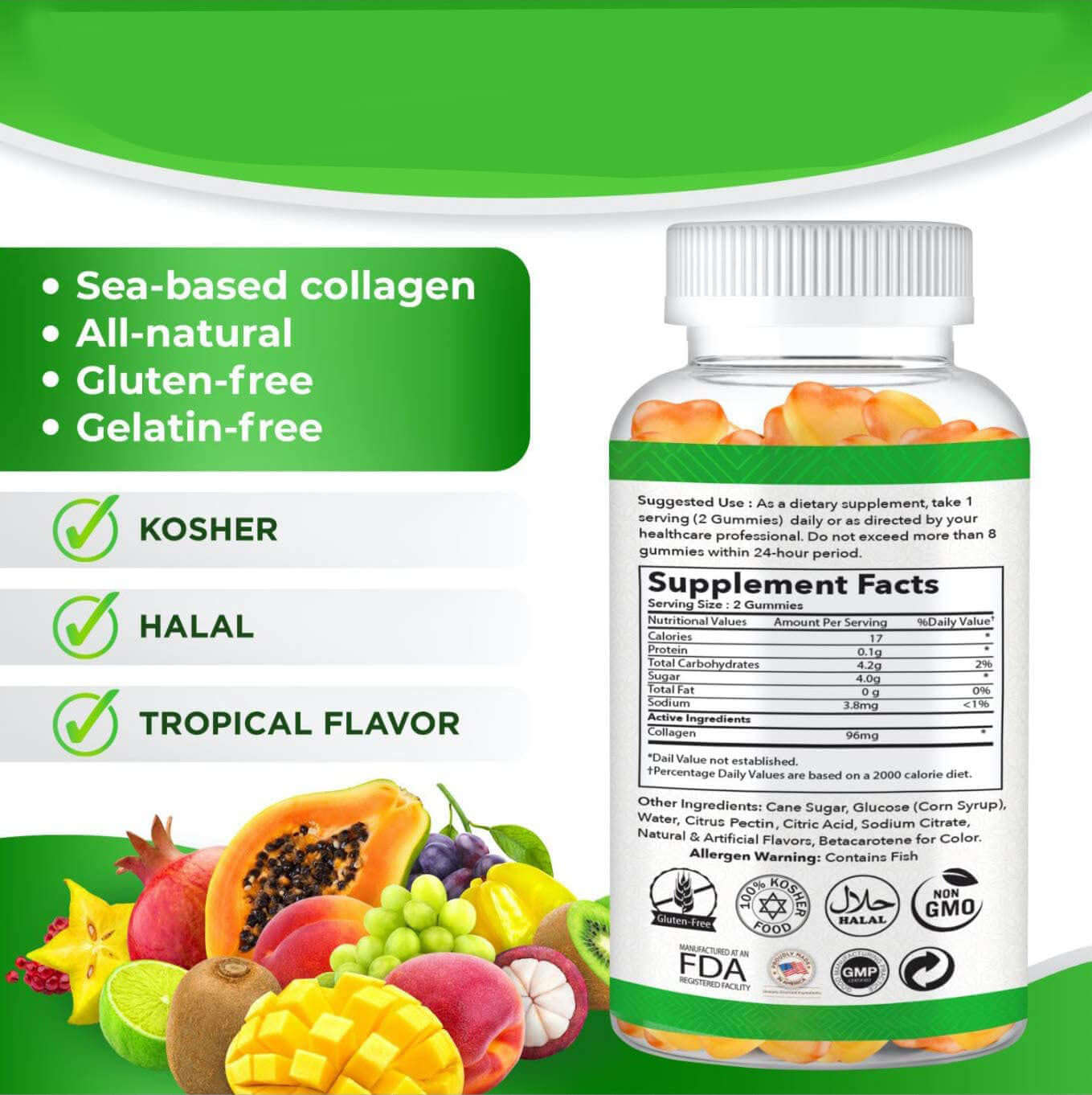 Collagen Soft Sweets bottle with tropical flavor, sea-based collagen, gluten-free and halal information on the label.