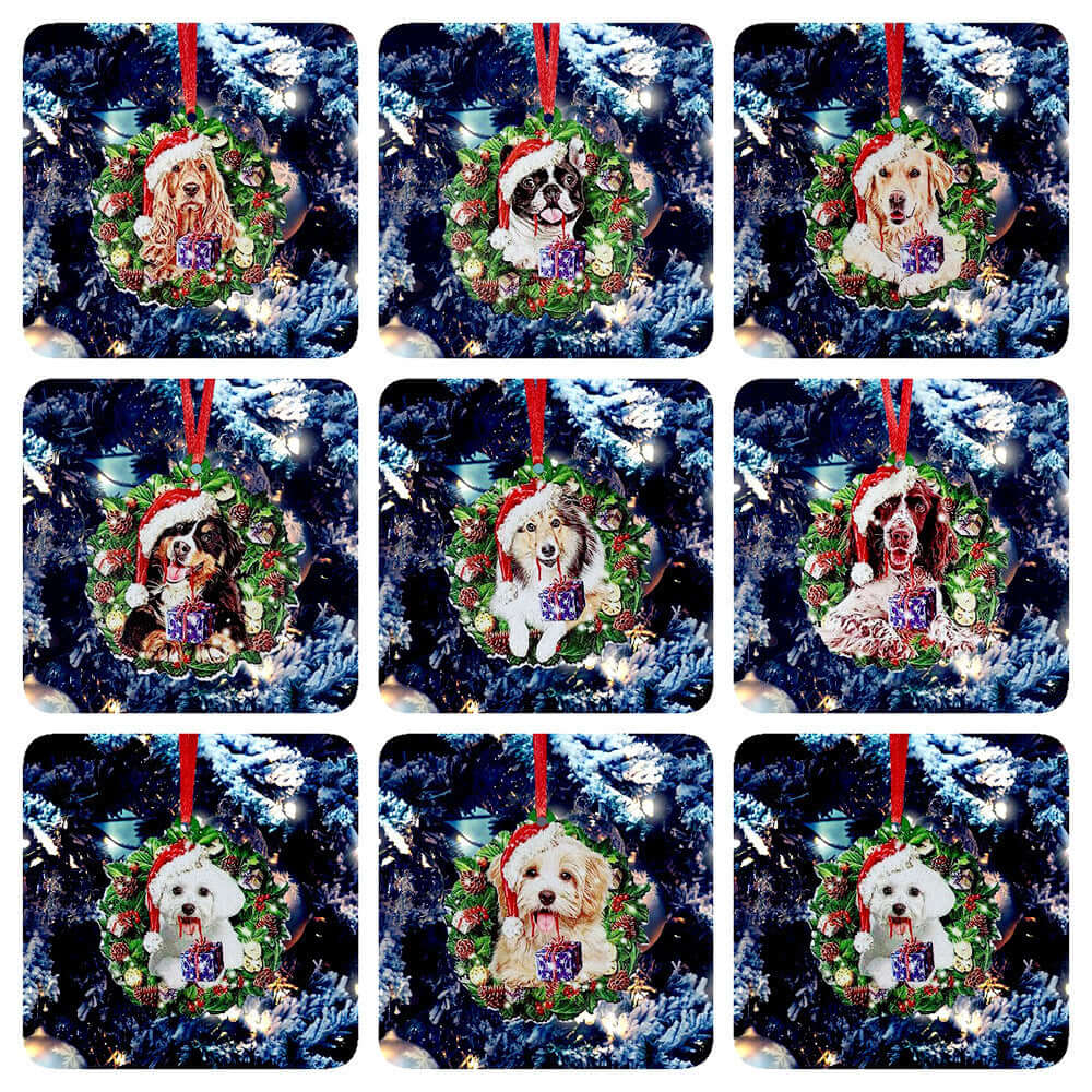 Christmas Ornaments Hanging Decoration Gift Product Personalized Family Xmas Tree Decor featuring adorable dogs in wreaths.