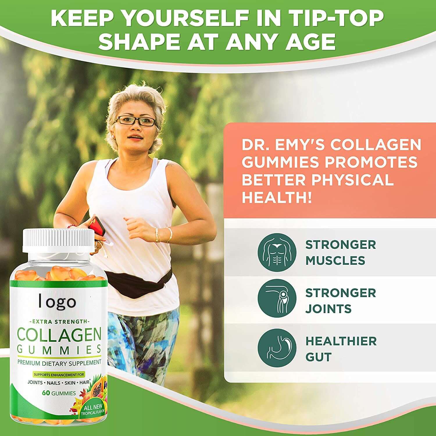 Collagen Soft Sweets nutritional benefits with woman jogging, featuring stronger muscles, joints, and healthier gut.