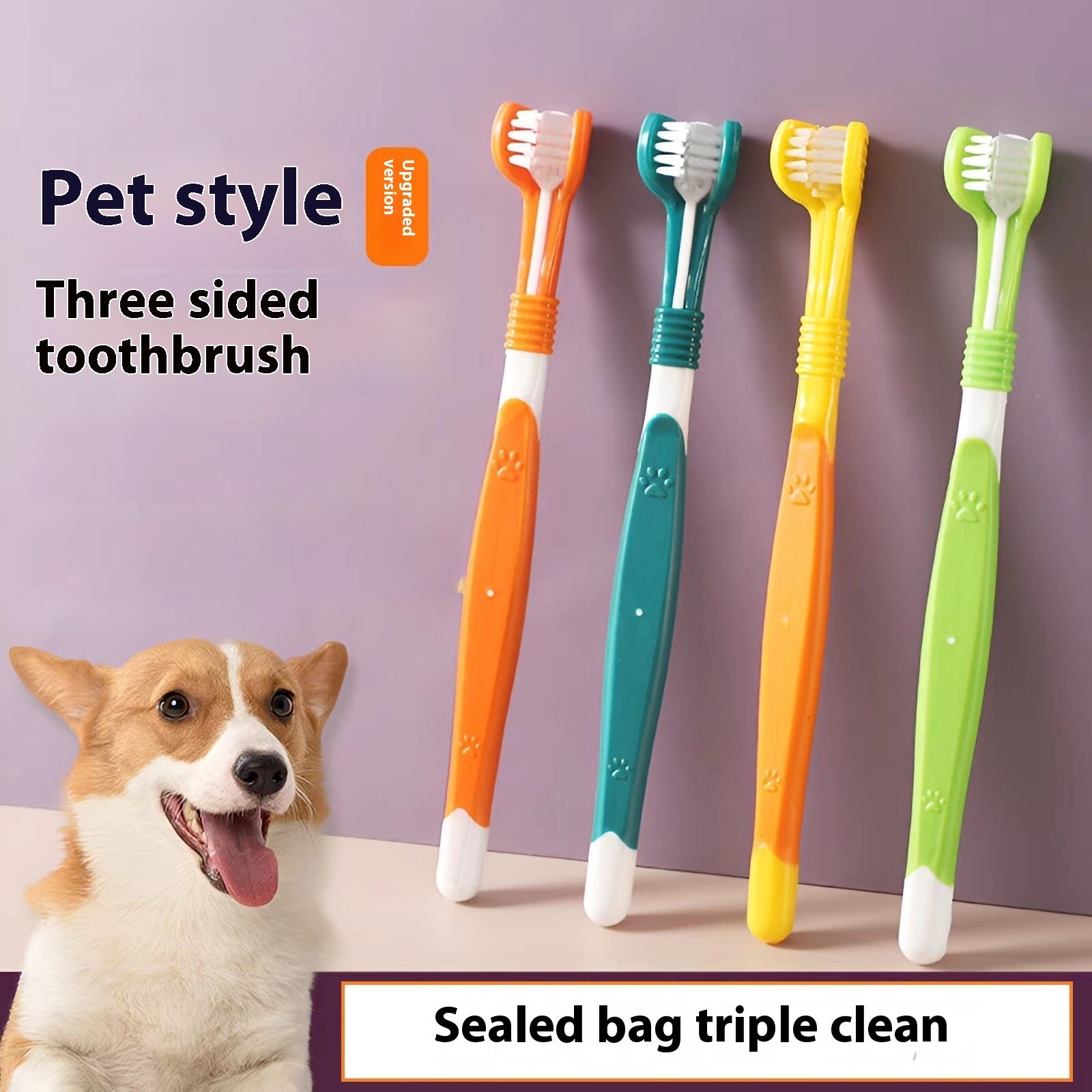 Pet toothbrush oral care featuring four colorful three-sided toothbrushes for effective pet oral cleaning.