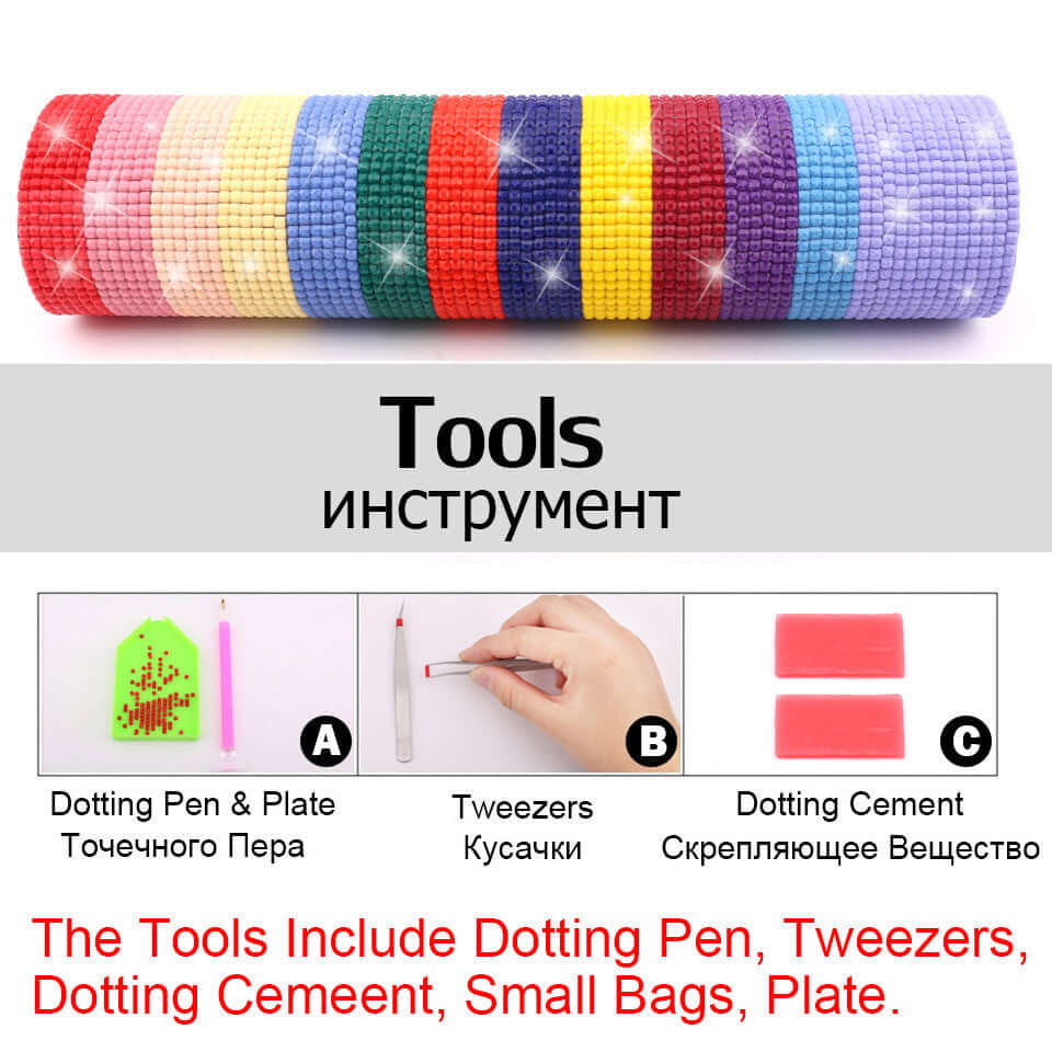 New Product Christmas Cute Pet Theme 5D Diamond Painting tools including dotting pen, tweezers, dotting cement, and small bags.
