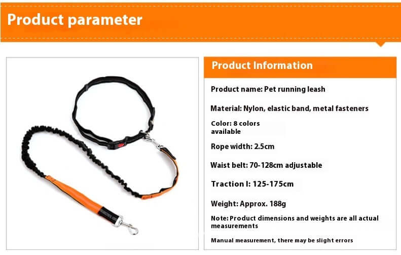 Hands-free dog leash for jogging product specifications including adjustable waist belt and elastic design.