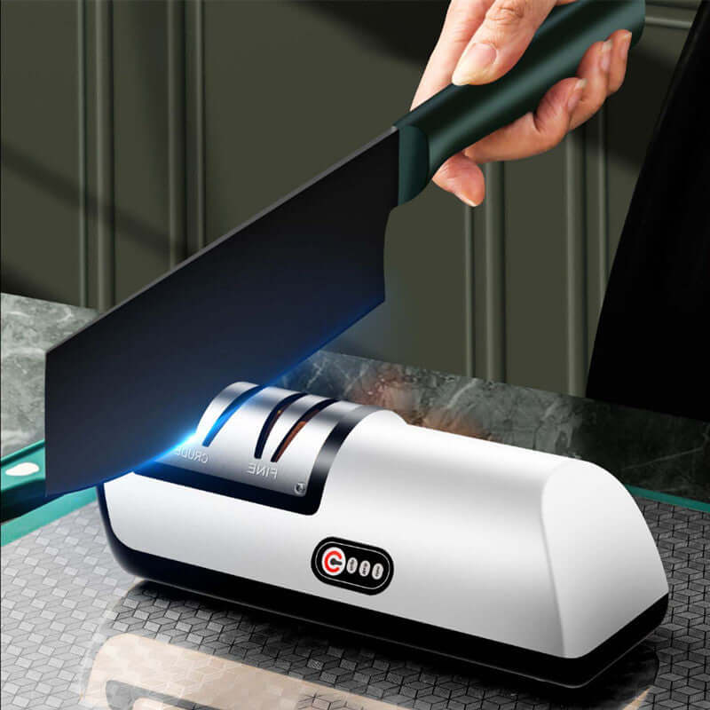 Electric Knife Sharpener – USB Rechargeable Automatic Sharpening Tool in use with a knife.