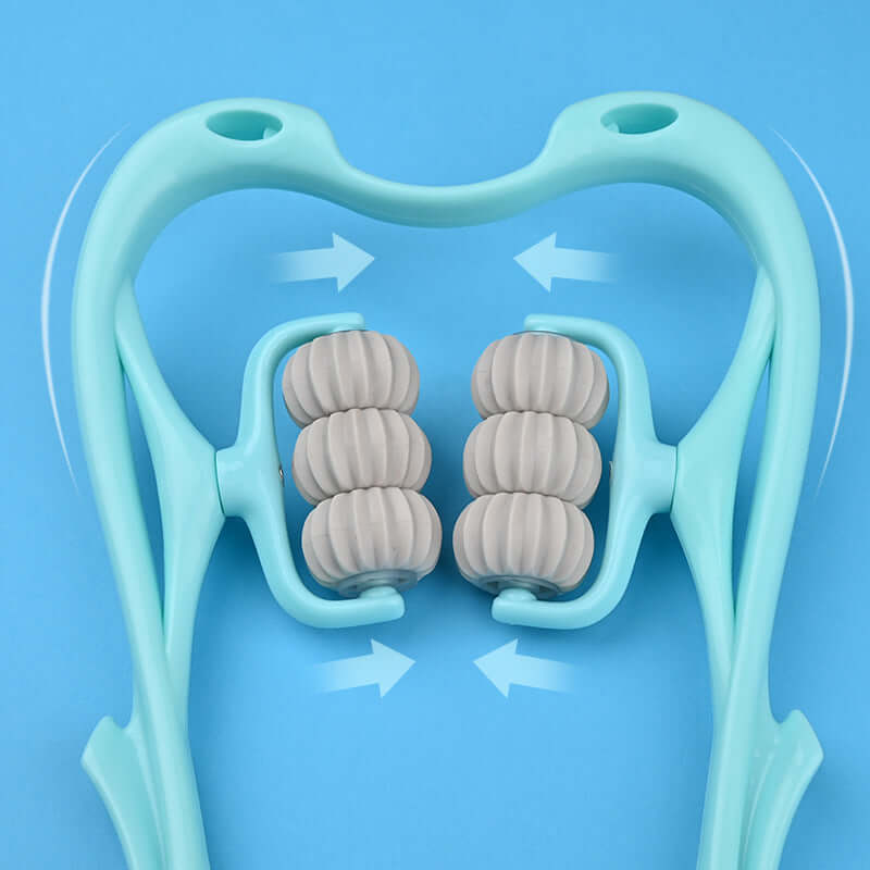6-wheel neck massager for stress relief showcasing ergonomic design and adjustable rollers.