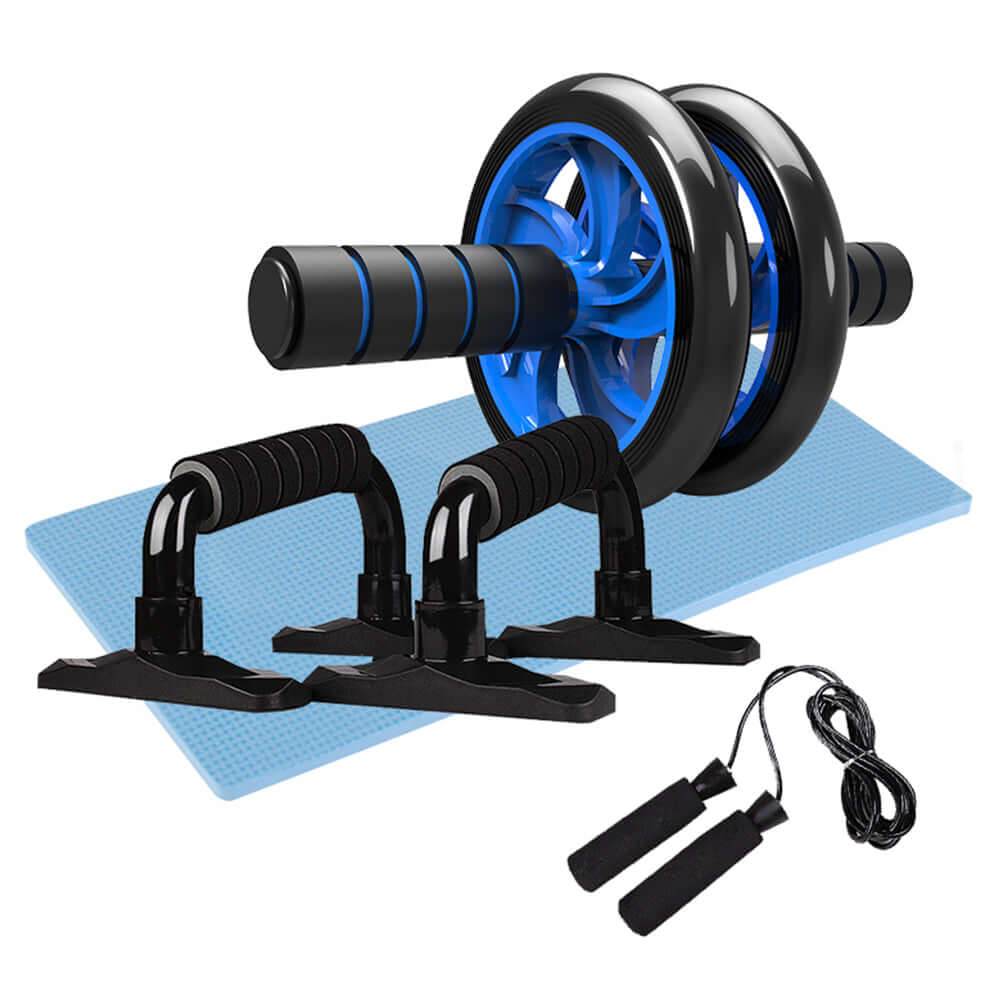 Gym Fitness Equipment including abdominal roller wheel, push-up handles, and jump rope for home and office workouts.