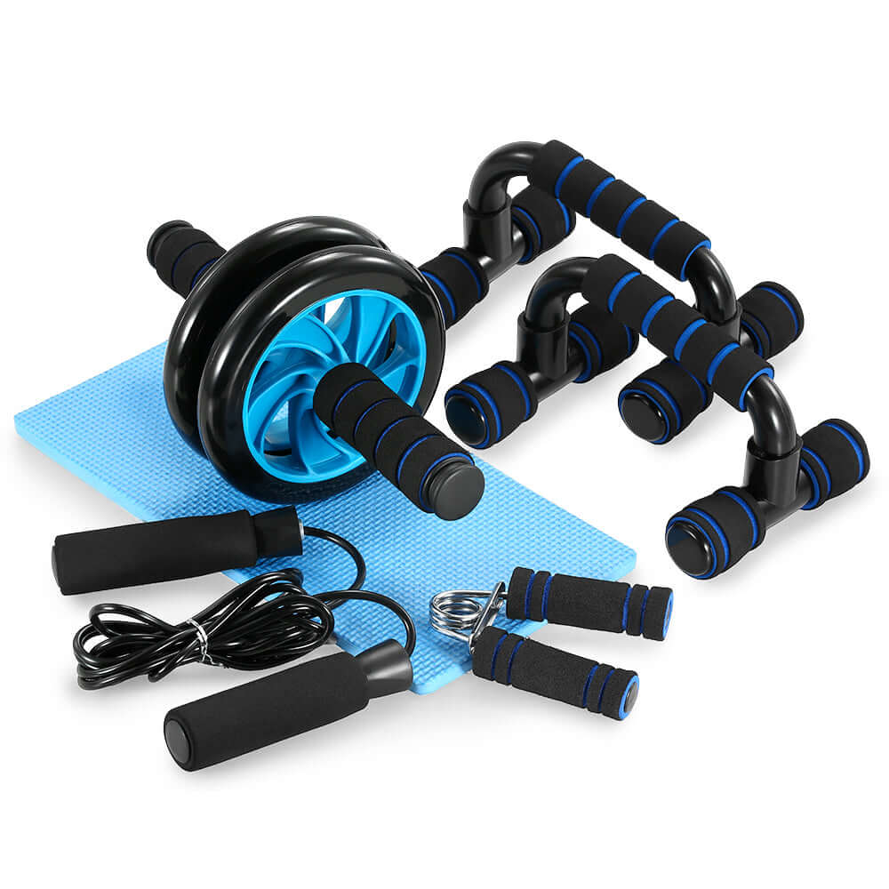 Gym Fitness Equipment, muscle trainer wheel roller kit for home and office use, includes ab roller and resistance bands.