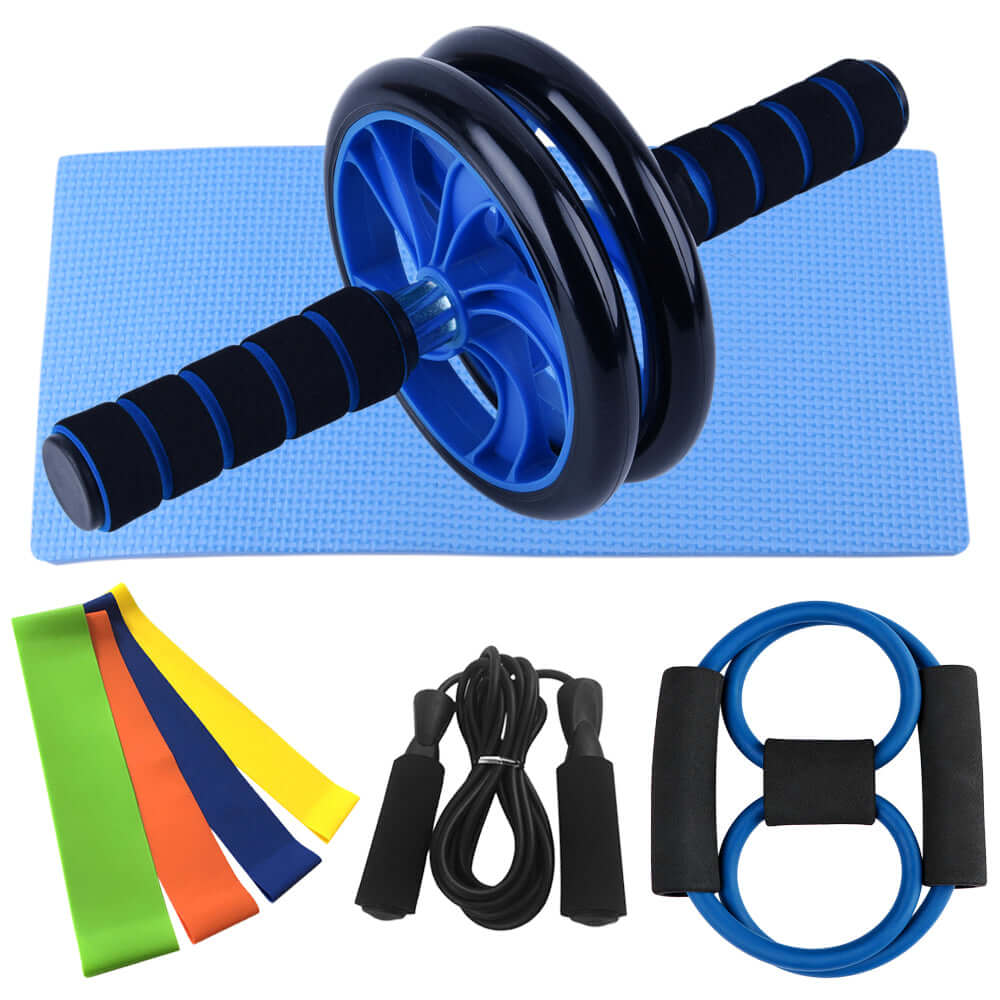 Gym Fitness Equipment including Abdominal Roller, resistance bands, and jumping rope on a blue exercise mat.