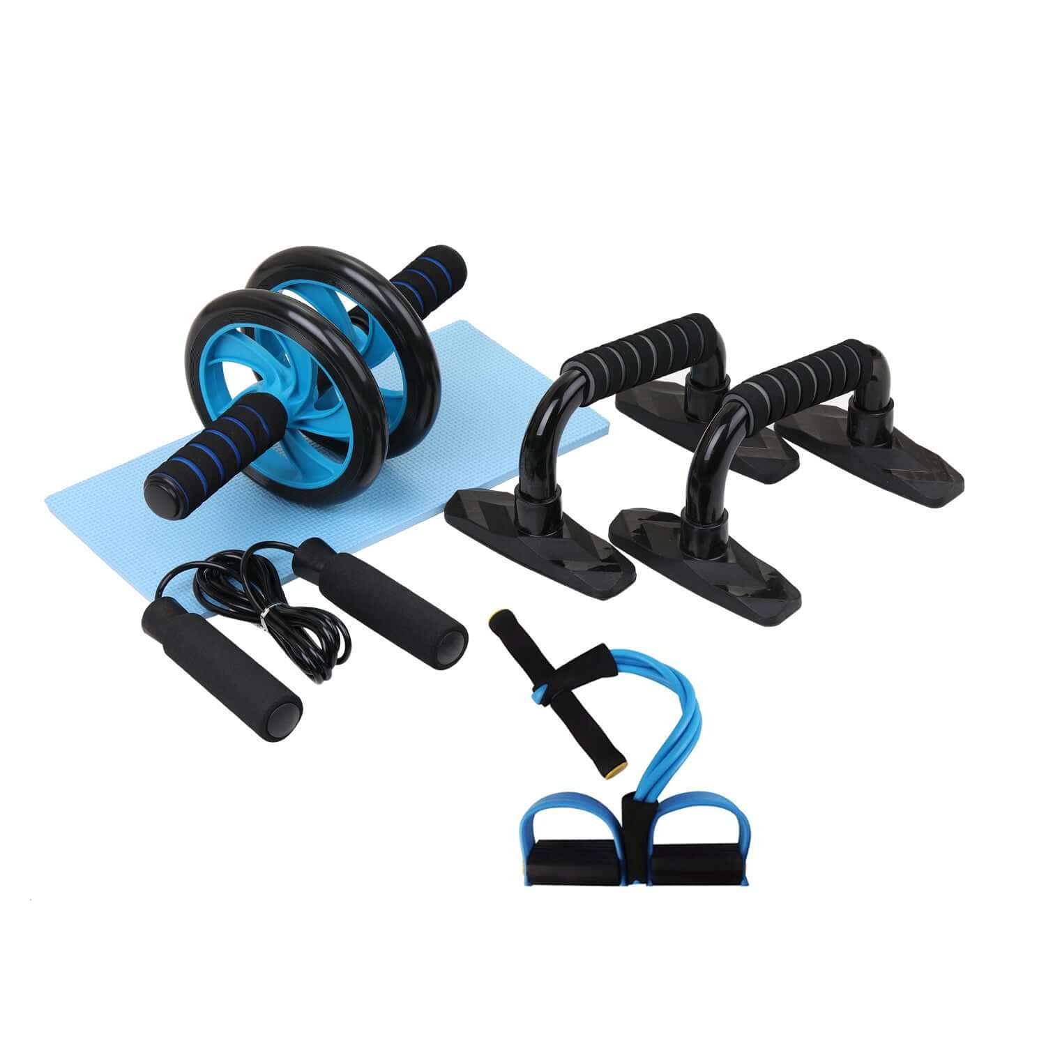 Gym Fitness Equipment including muscle trainer wheel, push-up bars, jump rope, and fitness mat.