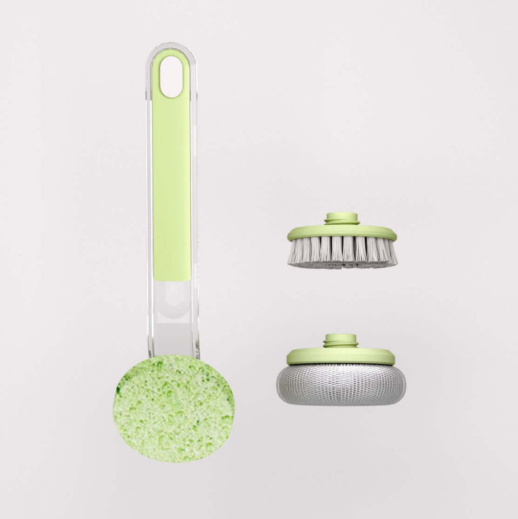 Multi Functional Frying Wok Brush Cleaning in green, featuring sponge and bristle brush attachments.