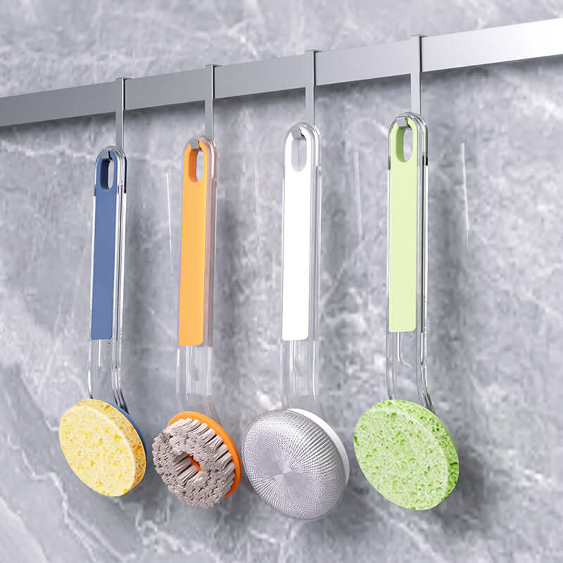 Multi Functional Frying Wok Brush Cleaning in various colors hanging on a rack.