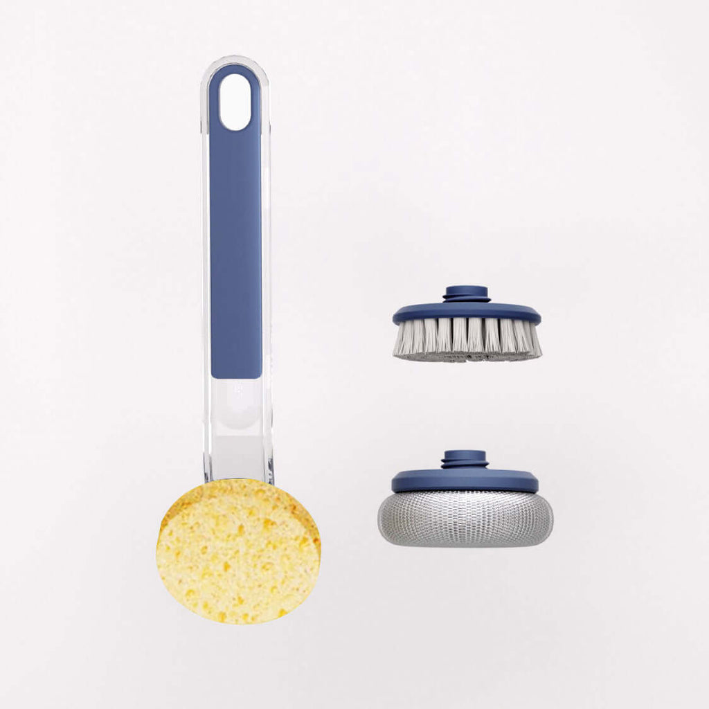 Multi Functional Frying Wok Brush Cleaning with interchangeable scrub heads and ergonomic handle.