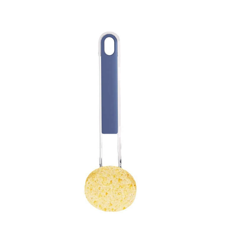 Multi Functional Frying Wok Brush Cleaning with blue handle and yellow cleaning sponge.