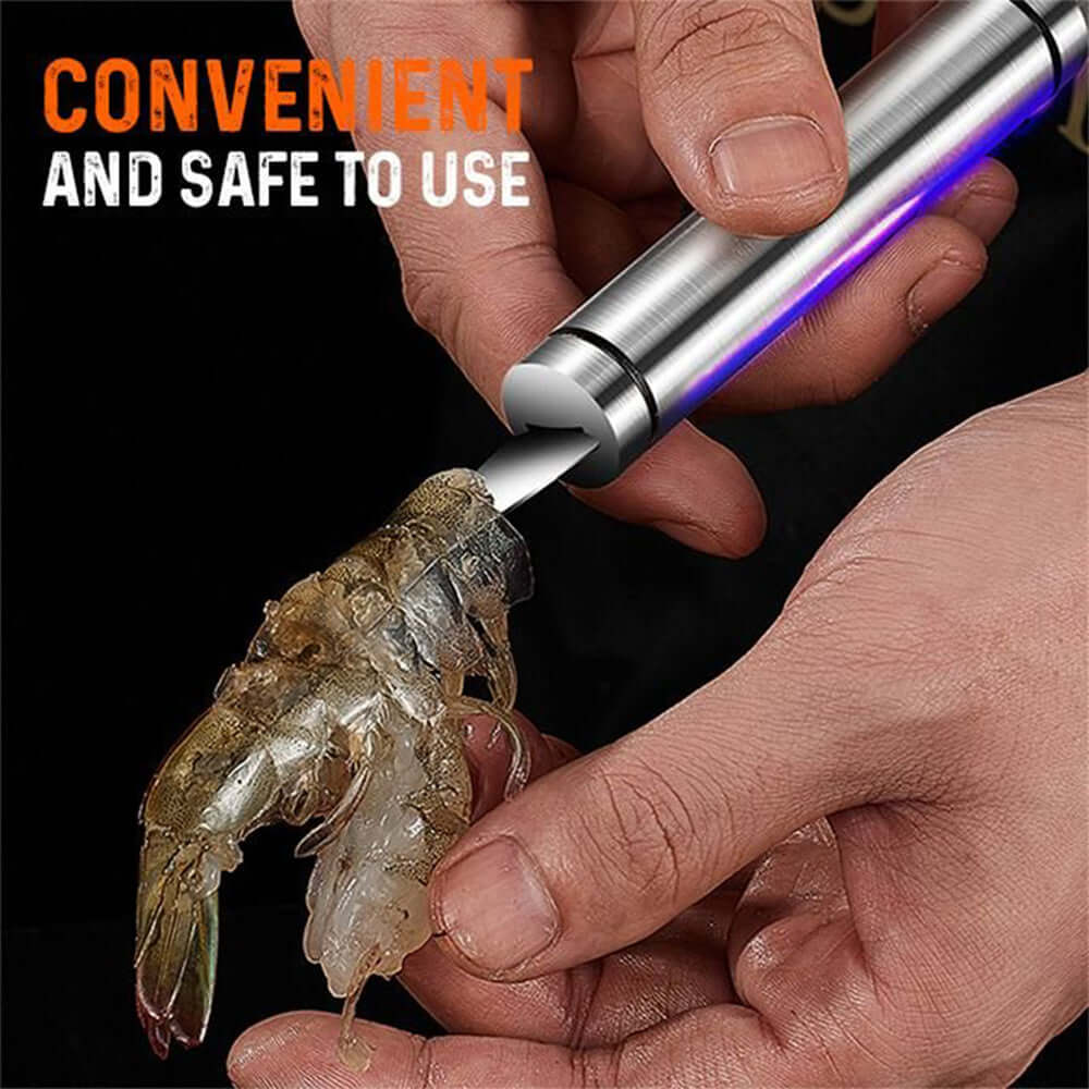 Multifunction Stainless Steel Shrimp Deveiner & Fish Scale Remover Tool being used to clean shrimp safely and conveniently.