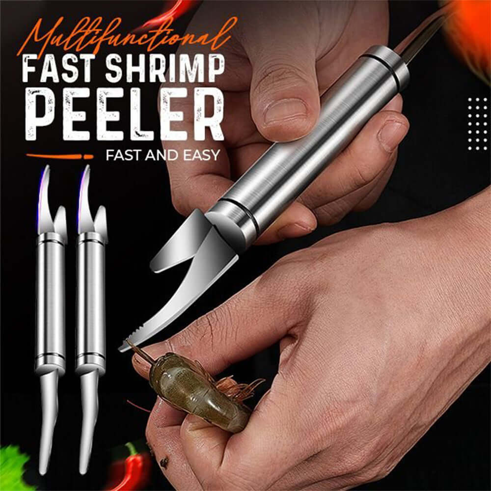 Multifunction Stainless Steel Shrimp Deveiner & Fish Scale Remover Tool in use, showcasing its ergonomic design and functionality.