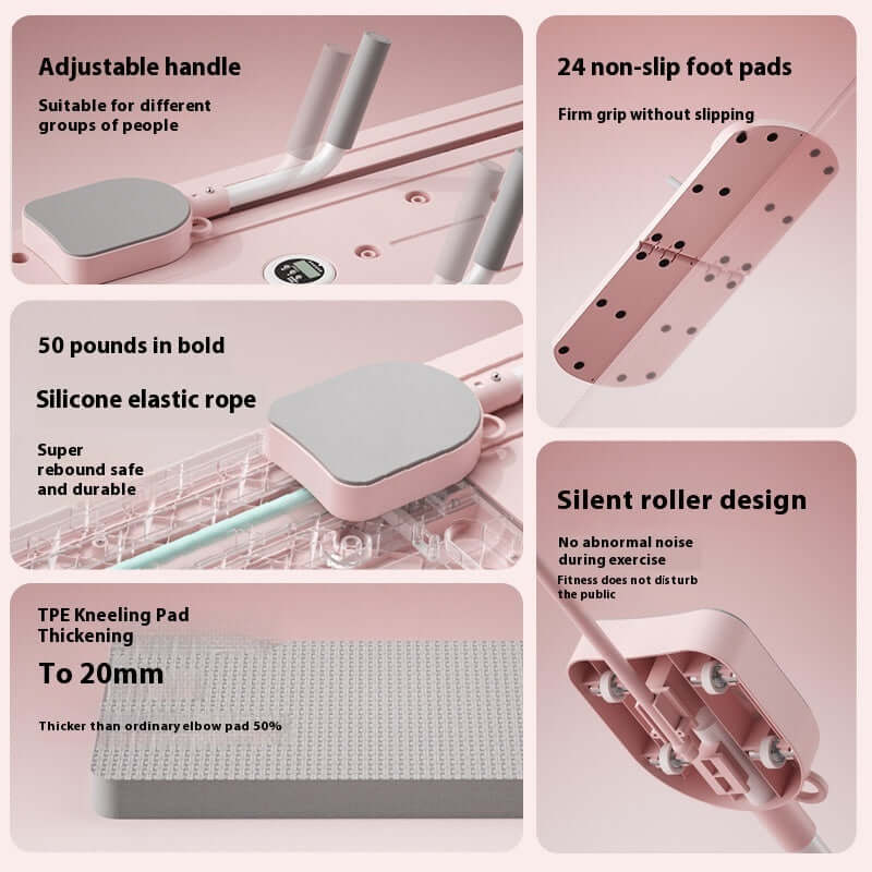 Multifunctional Fitness Board Household Fitness Equipment features adjustable handle, non-slip foot pads, and silicone elastic rope.