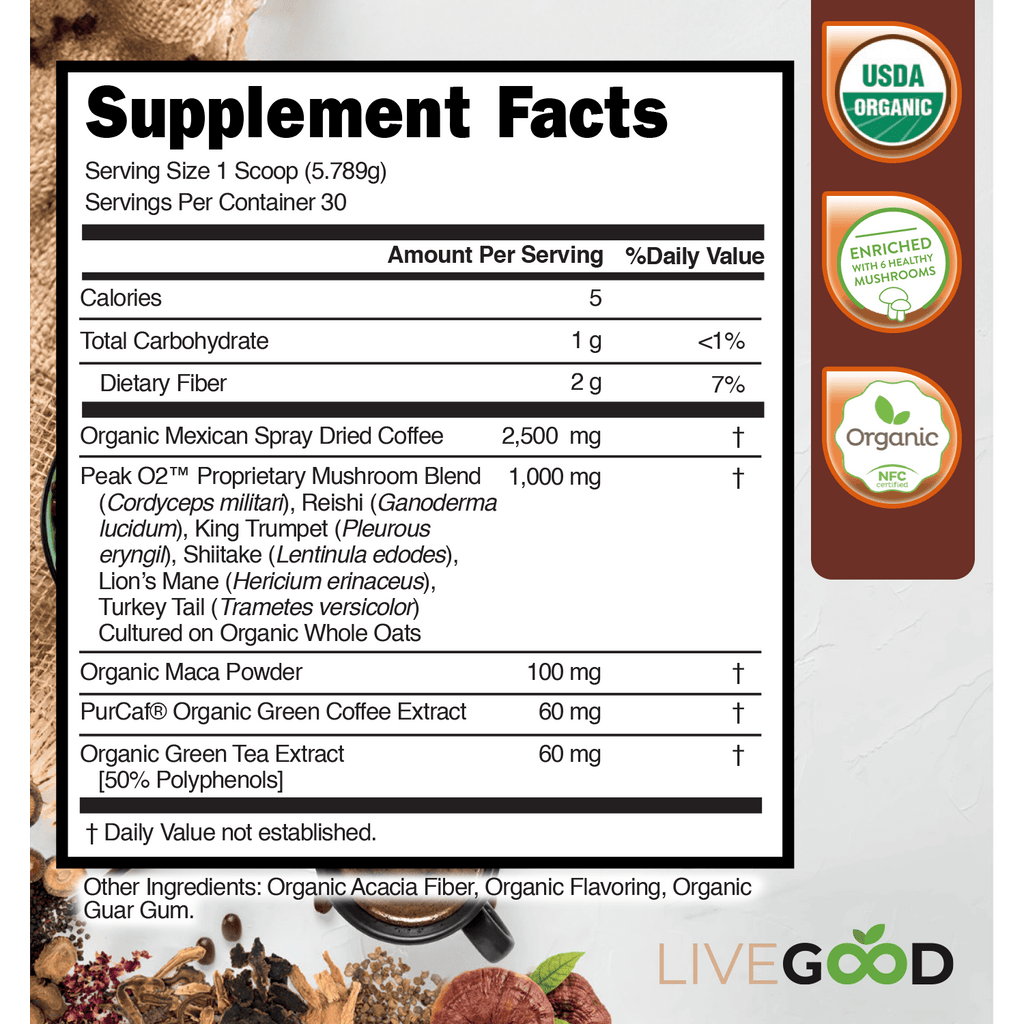 Supplement facts for organic weight management coffee featuring mushroom blend and organic ingredients.