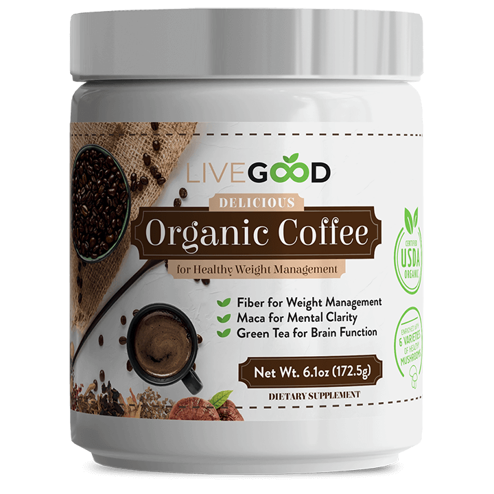 LiveGood delicious organic weight management coffee jar with key benefits and ingredients listed.