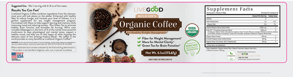 Organic weight management coffee packaging featuring health benefits and supplement facts.