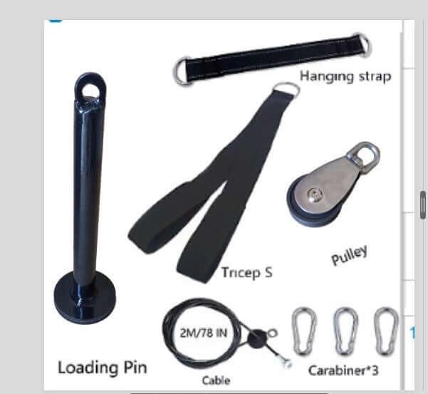 PowerFlex Pro Cable Attachment Set – Full-Body Strength Training Kit accessories including loading pin, tricep strap, pulley, and cable.