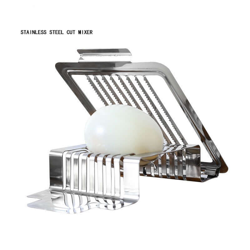 Stainless Steel Egg Cutter with an egg positioned for slicing, showcasing high-quality stainless steel construction.